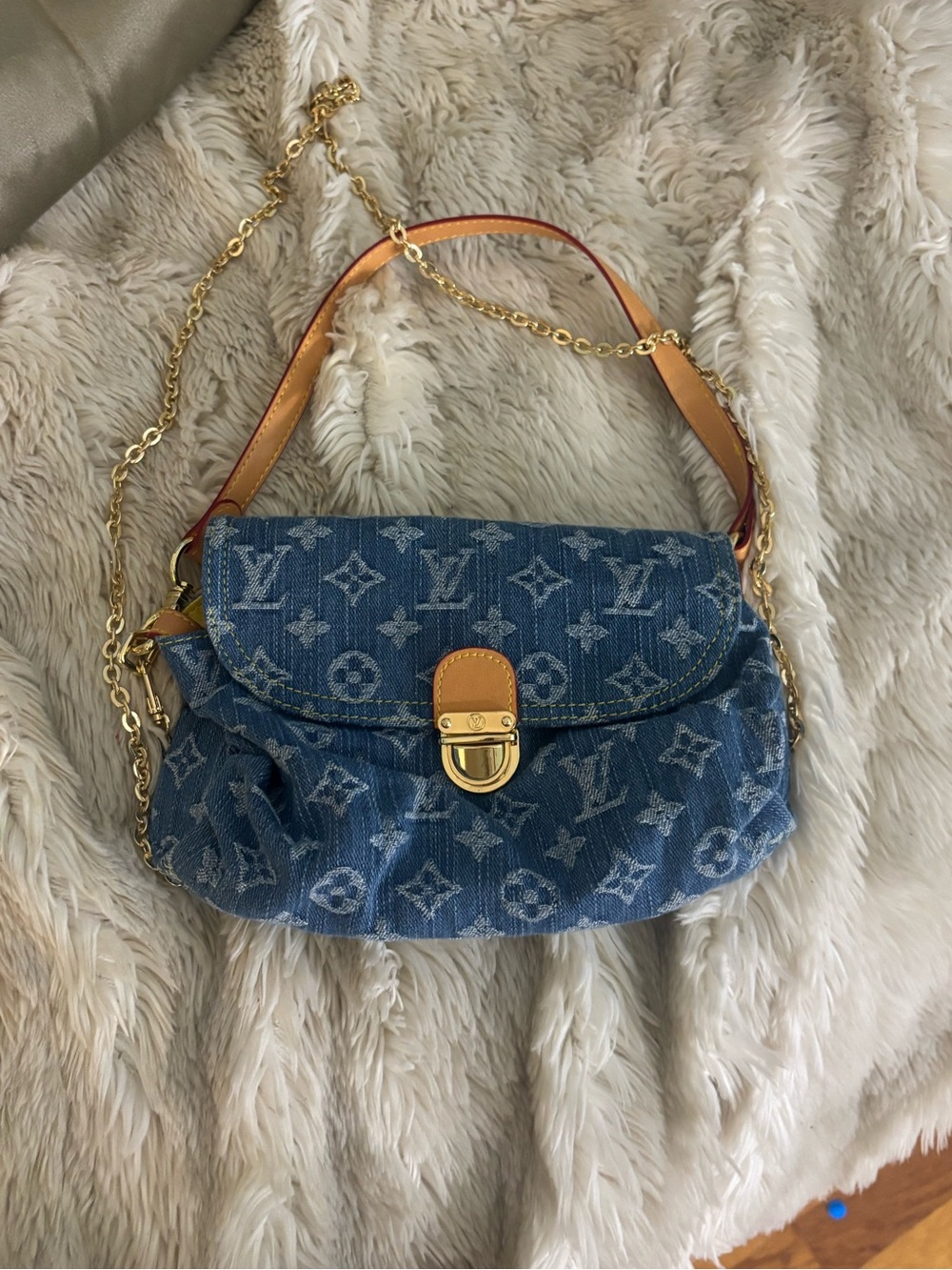 Louis Vuitton Blue Denim Monogram Shoulder Bag with Gold Hardware